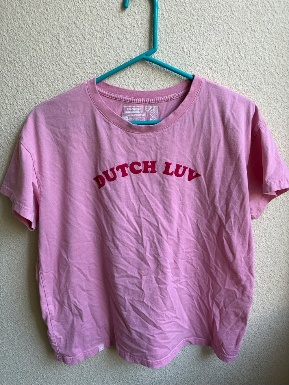 Dutch Bros Pink Short Sleeve Tee with Red 'DUTCH LUV' Graphic